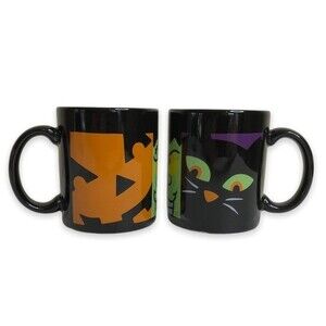 Hallmark Pair Halloween Orange Pumpkin Black Cat Frankenstein Graphics Mugs